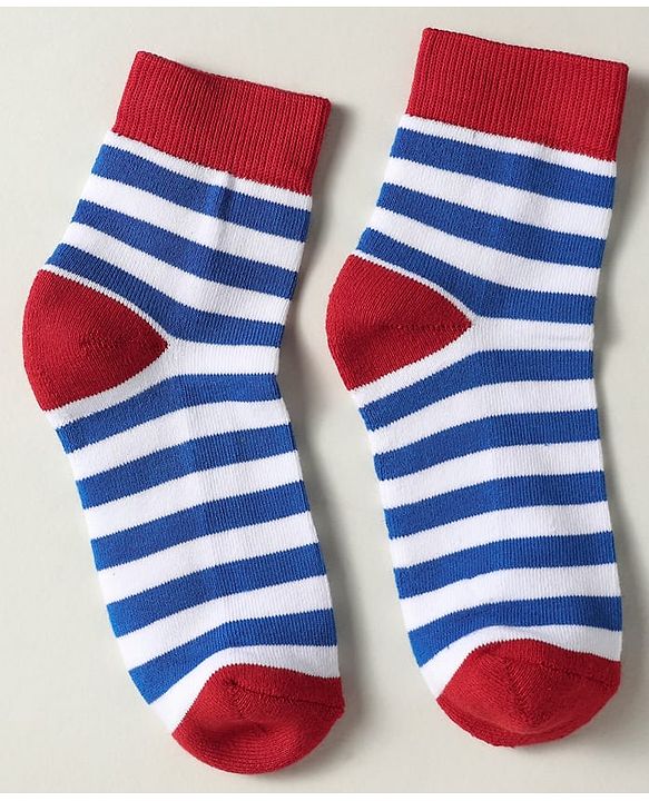 Pine Kids Knit Ankle Length Silvadur Antimicrobial Socks with Strips & Star Design Pack of 3 - Red Blue & White