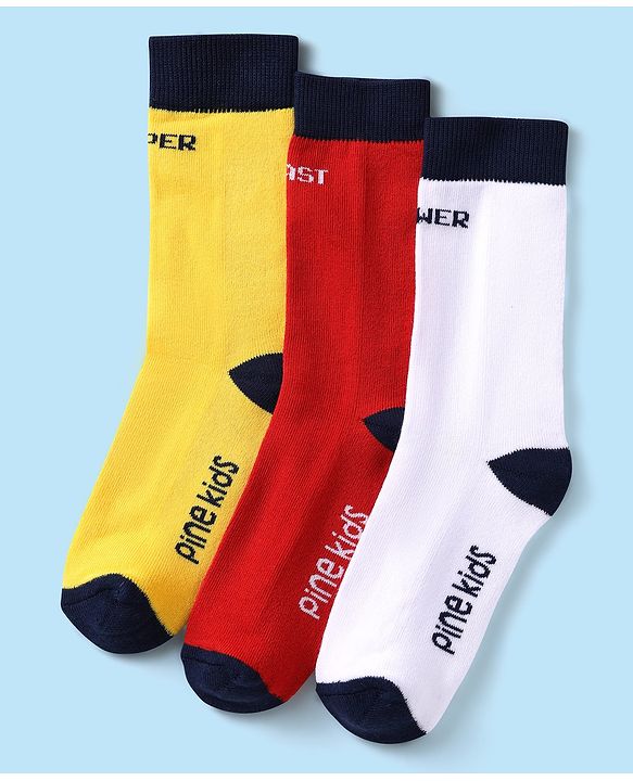 Pine Kids Knit Ankle Length Silvadur Antimicrobial Socks with Text Design Pack of 3 - Yellow Red & White