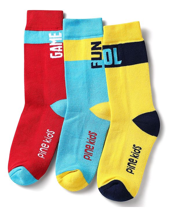 Pine Kids Knit Ankle Length Silvadur Antimicrobial Socks with Text Design Pack of 3 - Red Light Blue & Yellow