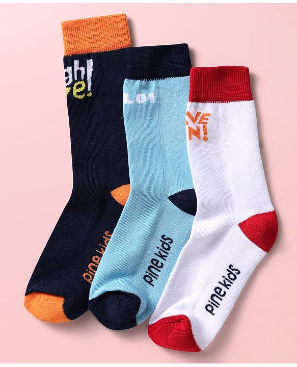Pine Kids Knit Ankle Length Silvadur Antimicrobial Socks with Text Design Pack of 3 - Black Light Blue & White