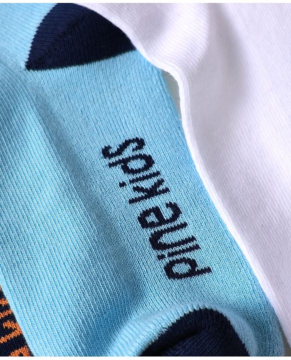 Pine Kids Knit Ankle Length Silvadur Antimicrobial Socks with Text Design Pack of 3 - Black Light Blue & White