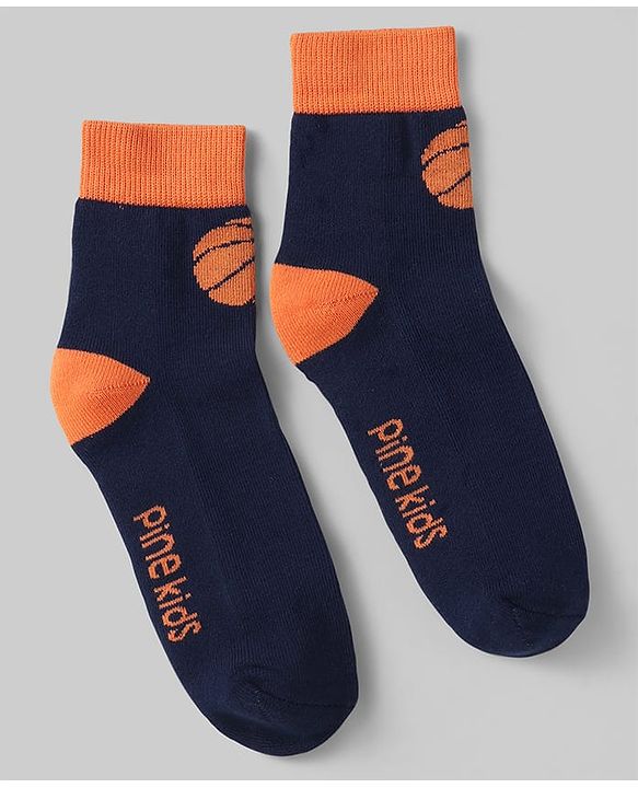 Pine Kids Cotton Knit Ankle Length Socks with Basketball & Stripe Design Pack of 3 (Color May Vary)