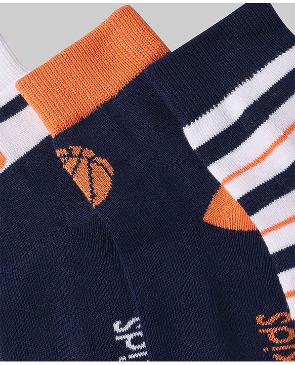 Pine Kids Cotton Knit Ankle Length Socks with Basketball & Stripe Design Pack of 3 (Color May Vary)