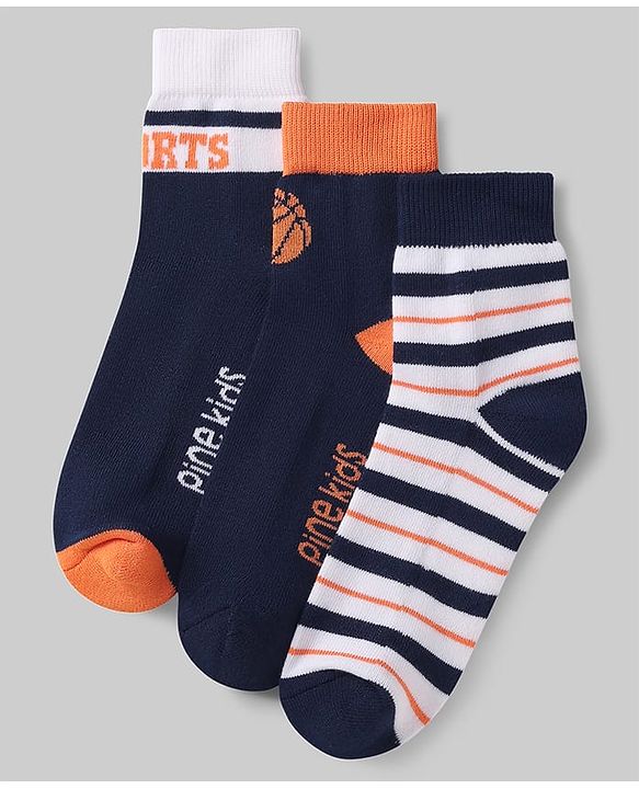 Pine Kids Cotton Knit Ankle Length Socks with Basketball & Stripe Design Pack of 3 (Color May Vary)
