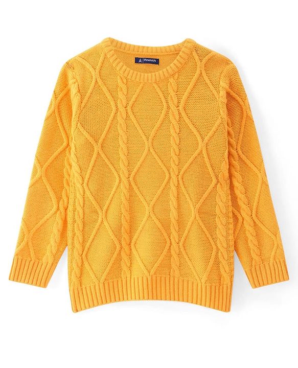 Pine Kids Knit Full Sleeves Sweater Set with Cable Knit Design - Mustard