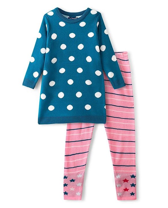 Pine Kids Knit Full Sleeves Sweater Set with Polka Dot Design & Stripes - Teal Blue & Pink