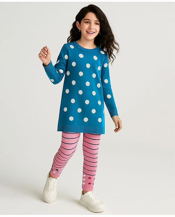 Pine Kids Knit Full Sleeves Sweater Set with Polka Dot Design & Stripes - Teal Blue & Pink