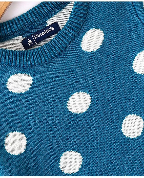 Pine Kids Knit Full Sleeves Sweater Set with Polka Dot Design & Stripes - Teal Blue & Pink