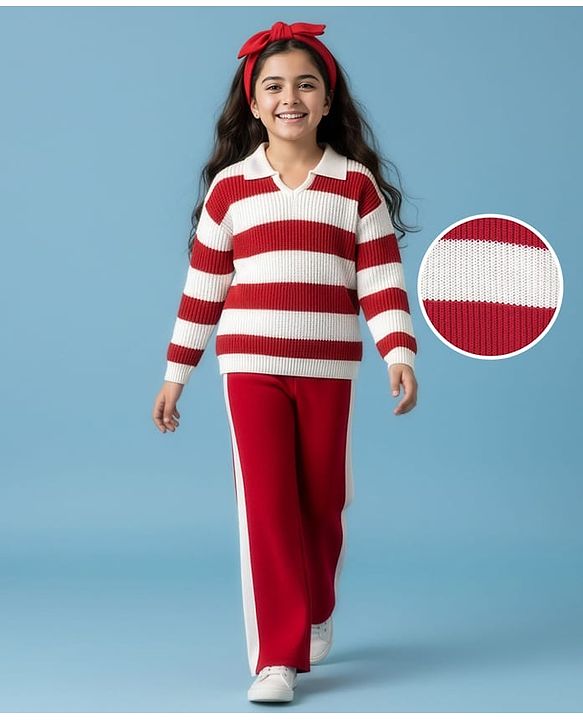 Pine Kids Knit Full Sleeves Sweater Set with Stripes - Red & White