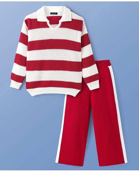 Pine Kids Knit Full Sleeves Sweater Set with Stripes - Red & White
