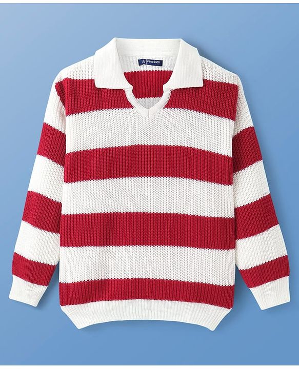 Pine Kids Knit Full Sleeves Sweater Set with Stripes - Red & White