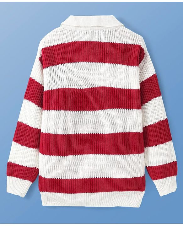 Pine Kids Knit Full Sleeves Sweater Set with Stripes - Red & White