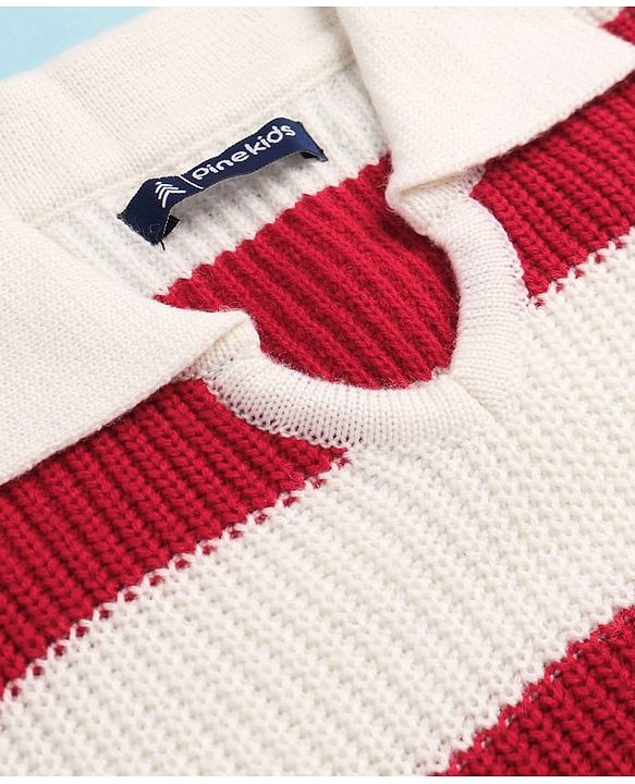 Pine Kids Knit Full Sleeves Sweater Set with Stripes - Red & White