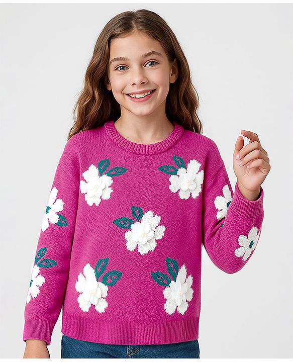 Pine Kids Knit Full Sleeve Pullover with Floral Applique - Dark Pink