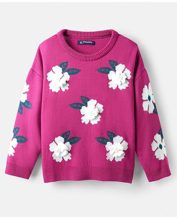 Pine Kids Knit Full Sleeve Pullover with Floral Applique - Dark Pink