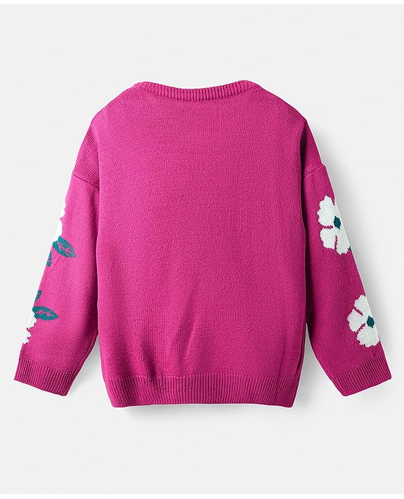 Pine Kids Knit Full Sleeve Pullover with Floral Applique - Dark Pink