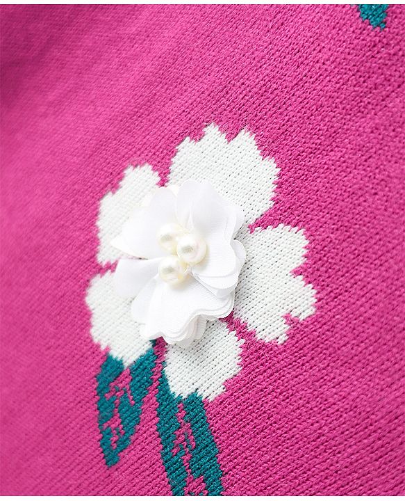Pine Kids Knit Full Sleeve Pullover with Floral Applique - Dark Pink