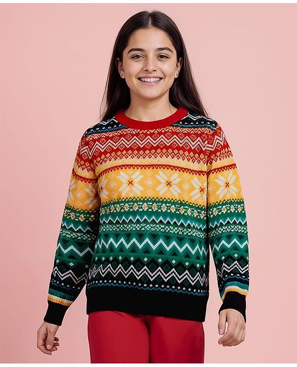Pine Kids Knit Full Sleeves Pullover Sweater with Aztec Design - Multicolor