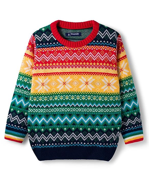 Pine Kids Knit Full Sleeves Pullover Sweater with Aztec Design - Multicolor
