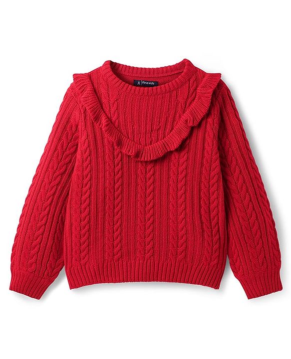 Pine Kids Knit Full Sleeves Pullover with Cable Knit Design - Red