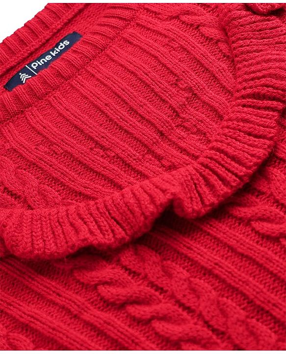 Pine Kids Knit Full Sleeves Pullover with Cable Knit Design - Red
