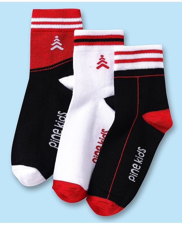 Pine Kids Knit Ankle Length Silvadur Antimicrobial Socks with Text Design Pack of 3 - Black & White