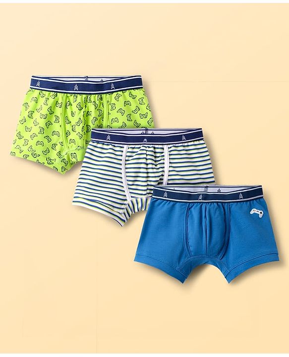 Pine Kids Cotton Elastane Knit Striped & Printed Assorted Trunks Pack of 3 (Color May Vary)