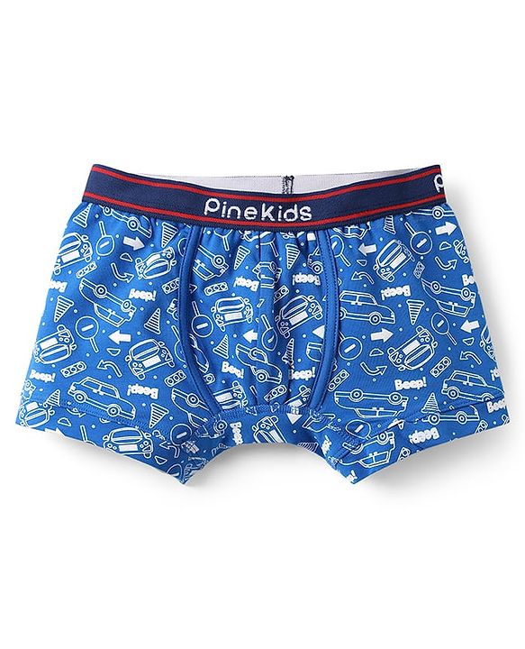 Pine Kids Cotton Knit Trunks with Stripe Design & Car Print Pack of 3 - Red & Blue