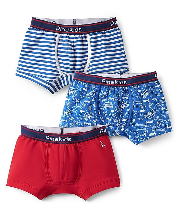 Pine Kids Cotton Knit Trunks with Stripe Design & Car Print Pack of 3 - Red & Blue