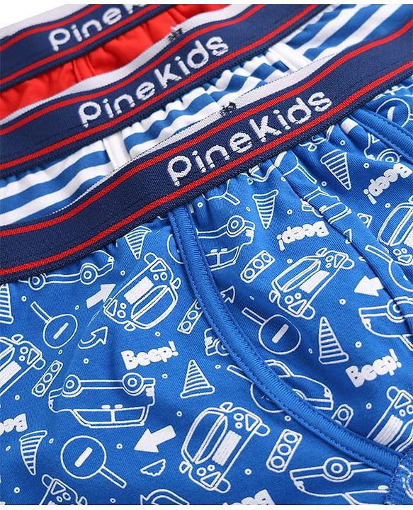 Pine Kids Cotton Knit Trunks with Stripe Design & Car Print Pack of 3 - Red & Blue