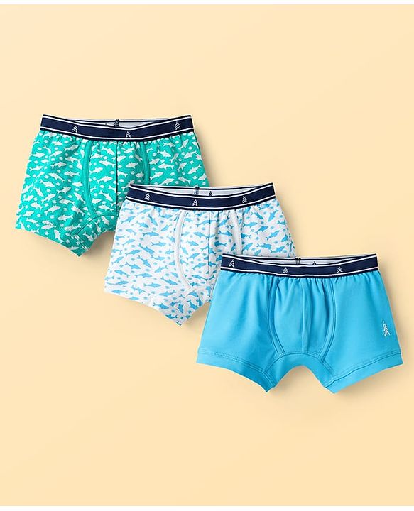 Pine Kids Cotton Elastane Knit Trunks With Fish Print Pack Of 3 (Colour May Vary)