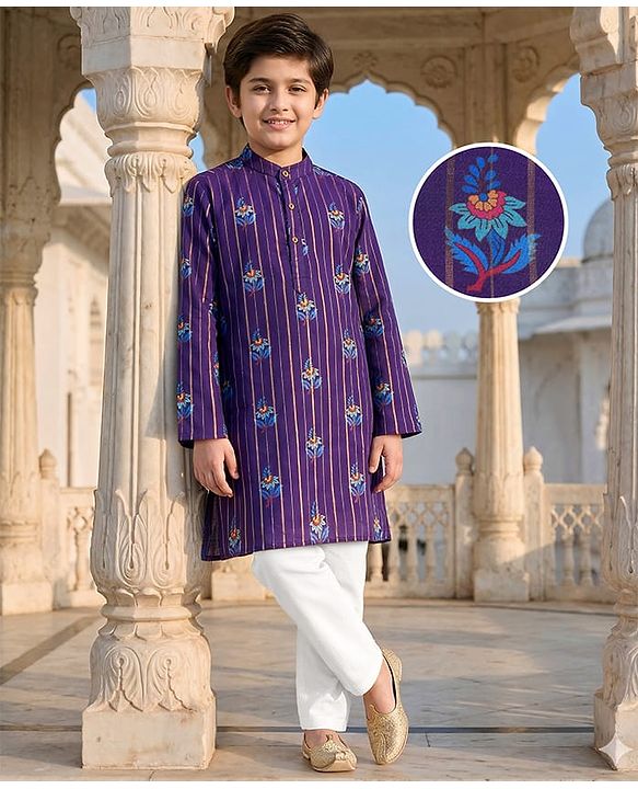 Pine Kids Woven Full Sleeves Kurta Pyjama Set With Floral Print - Purple
