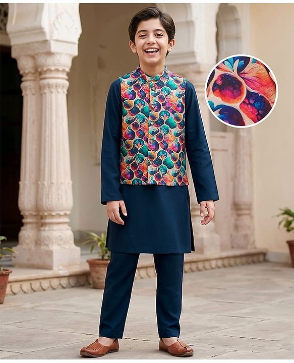 Pine Kids Woven Full Sleeves Kurta Pajama Set with Jacket & Print - Navy Blue