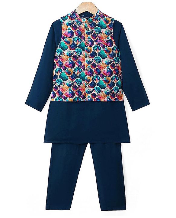 Pine Kids Woven Full Sleeves Kurta Pajama Set with Jacket & Print - Navy Blue