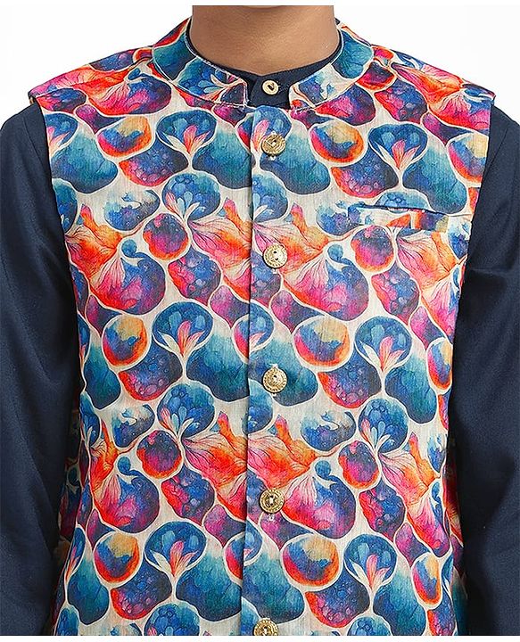 Pine Kids Woven Full Sleeves Kurta Pajama Set with Jacket & Print - Navy Blue