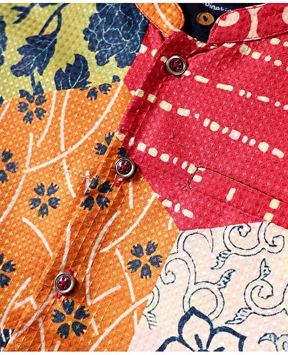 Pine Kids Woven Full Sleeves Kurta Pajama Set with Jacket & Ethnic Motif Print - Navy Blue