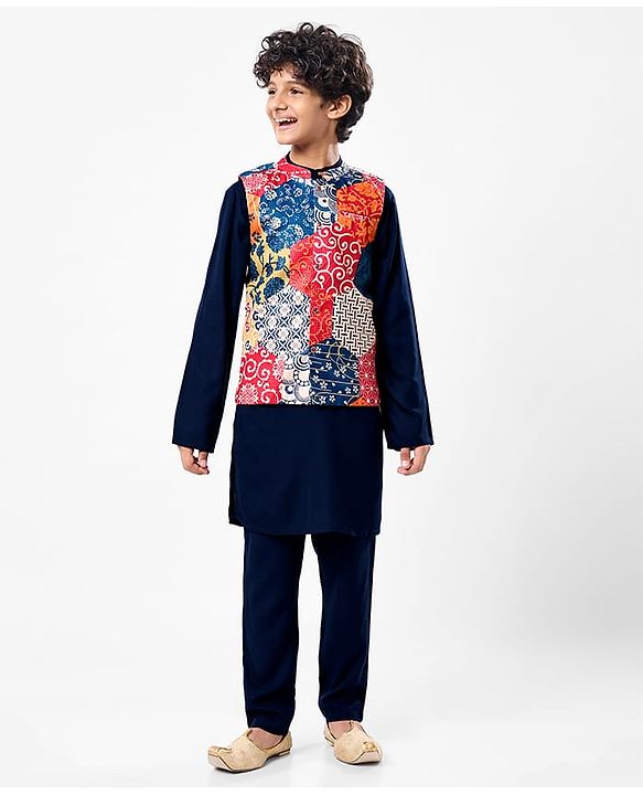 Pine Kids Woven Full Sleeves Kurta Pajama Set with Jacket & Ethnic Motif Print - Navy Blue