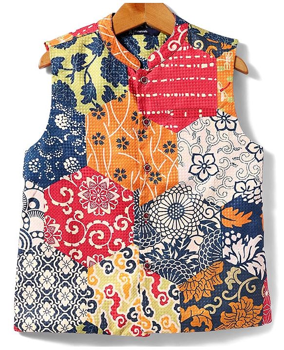 Pine Kids Woven Full Sleeves Kurta Pajama Set with Jacket & Ethnic Motif Print - Navy Blue