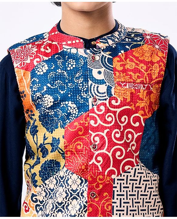 Pine Kids Woven Full Sleeves Kurta Pajama Set with Jacket & Ethnic Motif Print - Navy Blue
