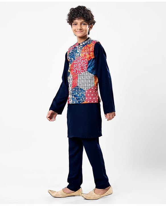 Pine Kids Woven Full Sleeves Kurta Pajama Set with Jacket & Ethnic Motif Print - Navy Blue