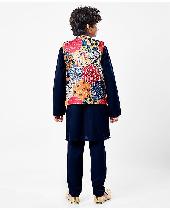 Pine Kids Woven Full Sleeves Kurta Pajama Set with Jacket & Ethnic Motif Print - Navy Blue