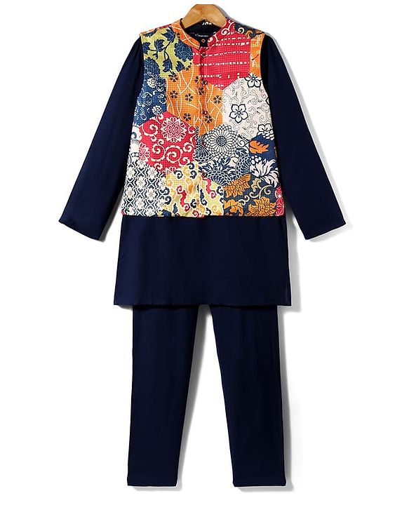 Pine Kids Woven Full Sleeves Kurta Pajama Set with Jacket & Ethnic Motif Print - Navy Blue