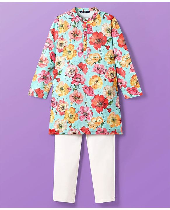 Pine Kids Cotton Woven Full Sleeves Kurta Pajama Set with Ethnic Floral Print - Light Blue & White