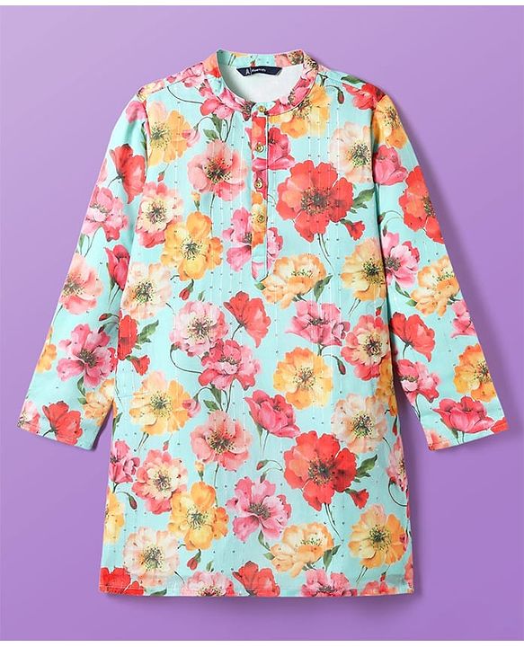 Pine Kids Cotton Woven Full Sleeves Kurta Pajama Set with Ethnic Floral Print - Light Blue & White