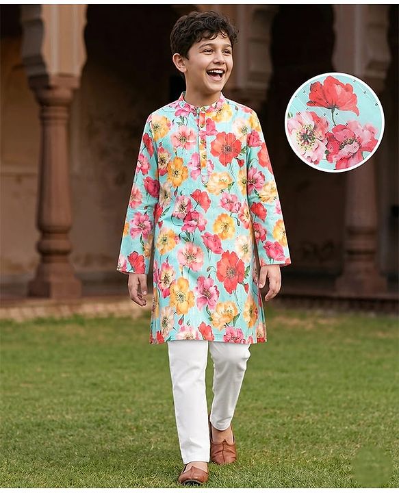 Pine Kids Cotton Woven Full Sleeves Kurta Pajama Set with Ethnic Floral Print - Light Blue & White