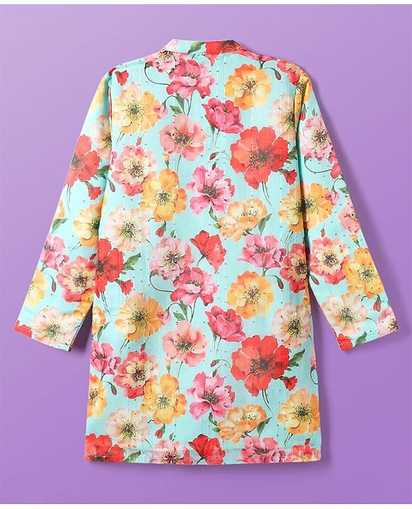 Pine Kids Cotton Woven Full Sleeves Kurta Pajama Set with Ethnic Floral Print - Light Blue & White