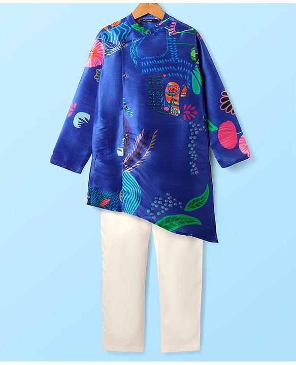 Pine Kids Woven Full Sleeves Kurta Pajama Set with Tropical Theme Print - Blue & White