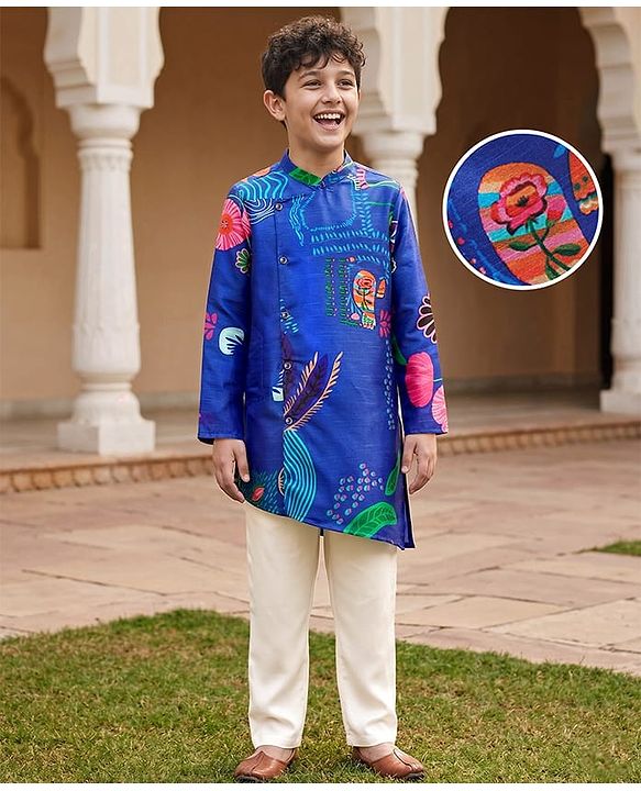 Pine Kids Woven Full Sleeves Kurta Pajama Set with Tropical Theme Print - Blue & White