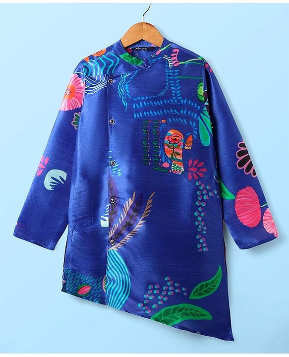 Pine Kids Woven Full Sleeves Kurta Pajama Set with Tropical Theme Print - Blue & White
