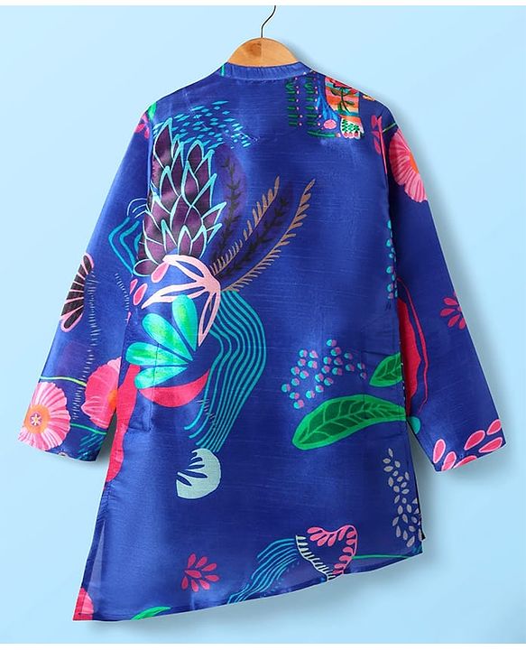 Pine Kids Woven Full Sleeves Kurta Pajama Set with Tropical Theme Print - Blue & White
